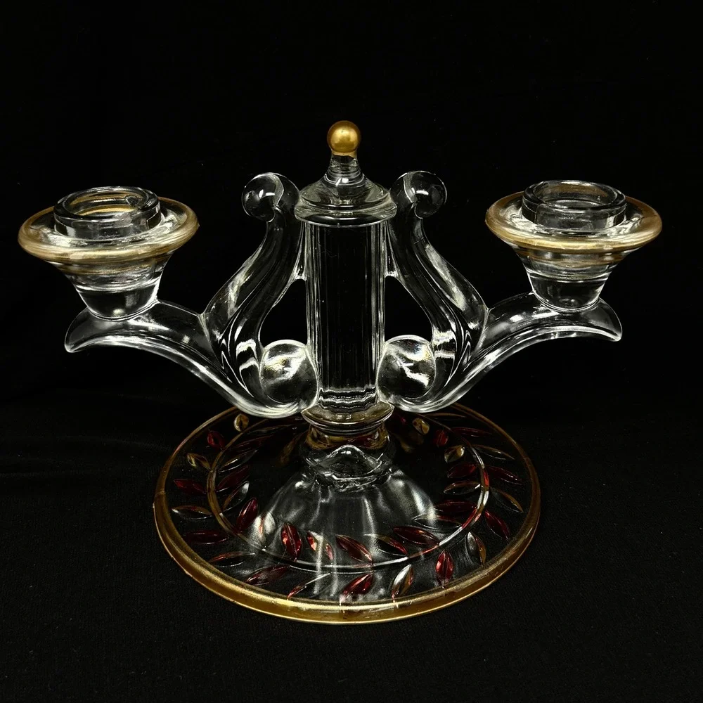 Indiana Glass Laurel‎ Double Arm Candle Holder Set 2 Gold Red Trim Accent 40s